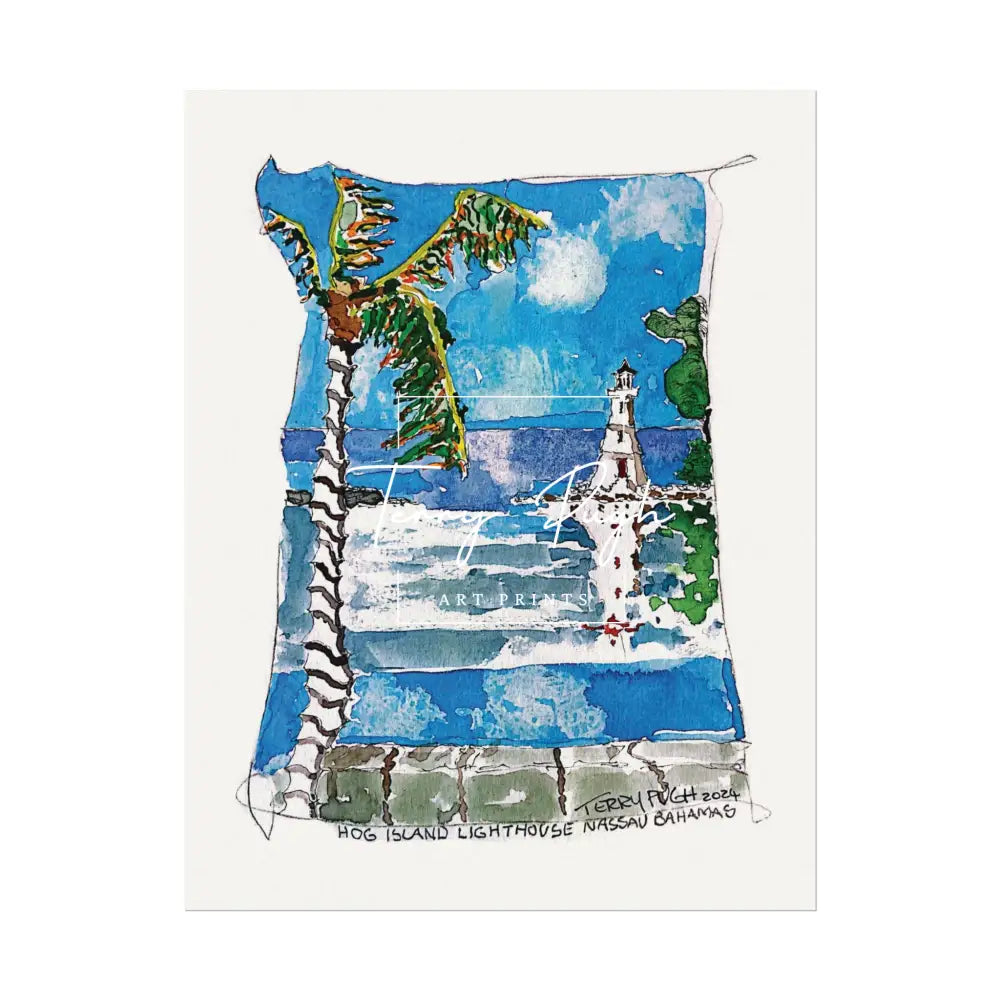 Hog Island Lighthouse – Watercolor Matte Poster By Terry Pugh 10’’ X 13’’ (Vertical)