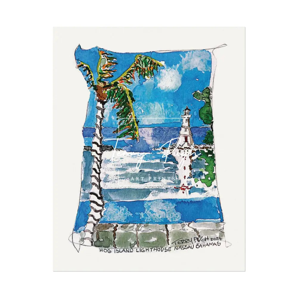 Hog Island Lighthouse – Watercolor Matte Poster By Terry Pugh 11″ X 14″ (Vertical)