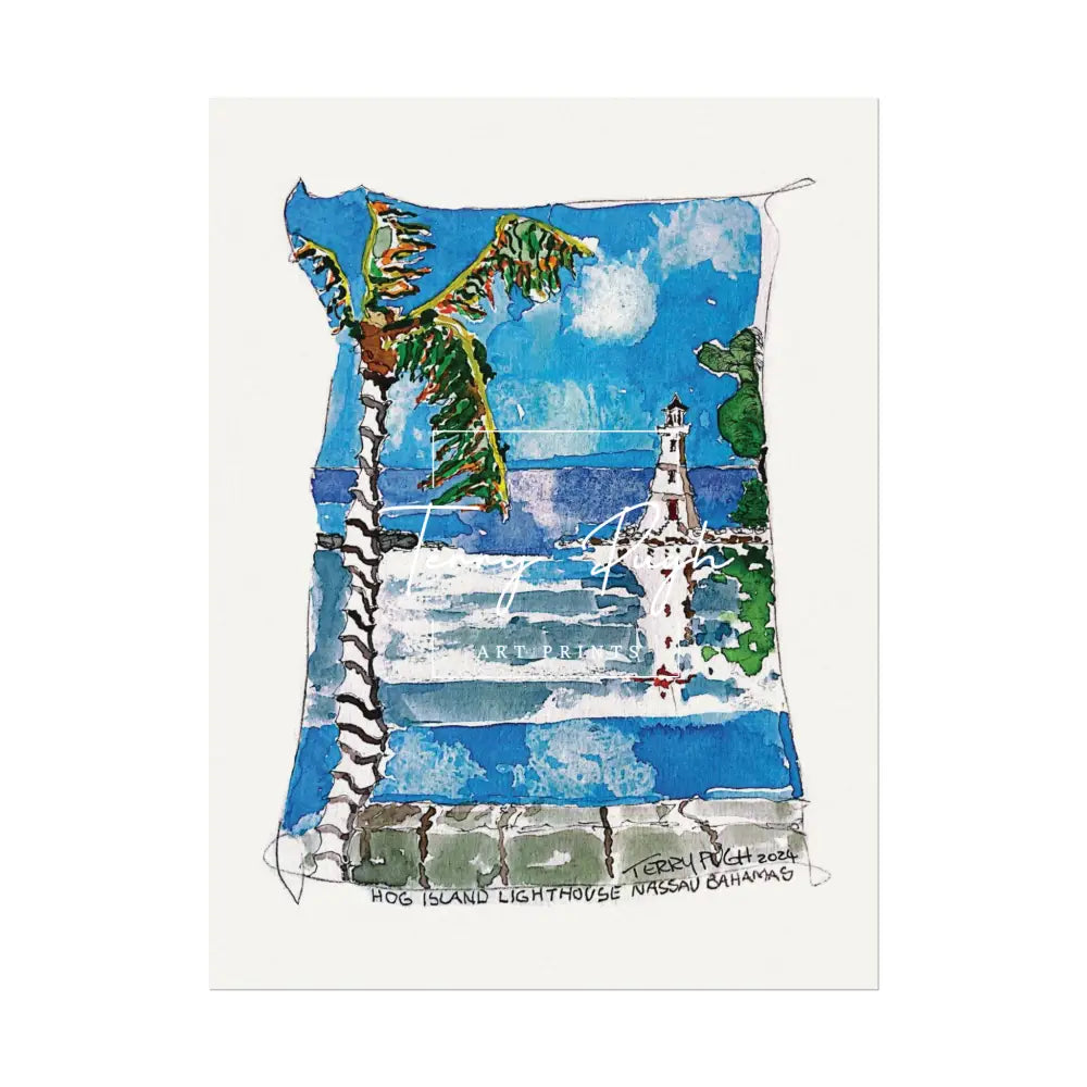 Hog Island Lighthouse – Watercolor Matte Poster By Terry Pugh 9’’ X 12’’ (Vertical)