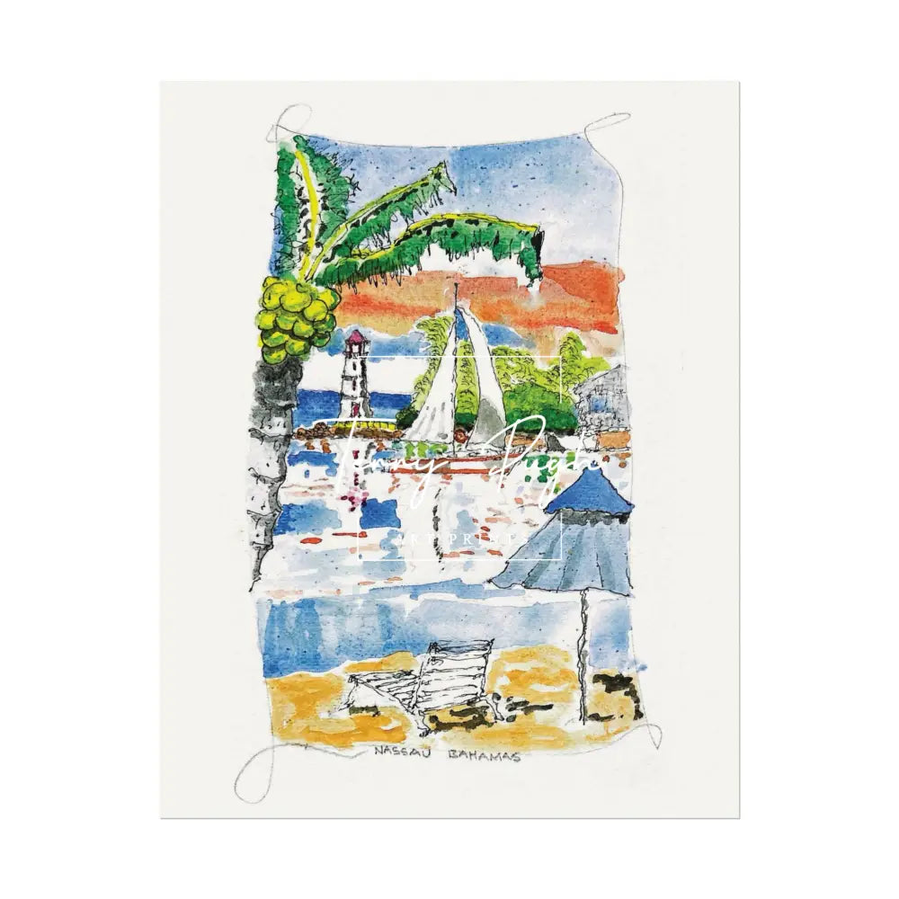 Sail Boat On The Sparkling Water The Bahamas - Terry Pugh Art 11″ X 14″ (Vertical) Poster