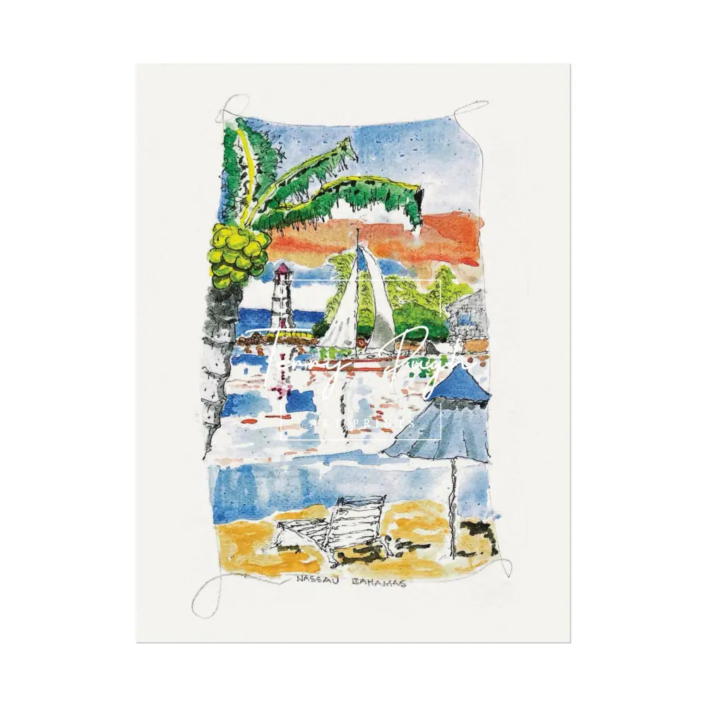 Sail Boat On The Sparkling Water The Bahamas - Terry Pugh Art 9’’ X 12’’ (Vertical) Poster