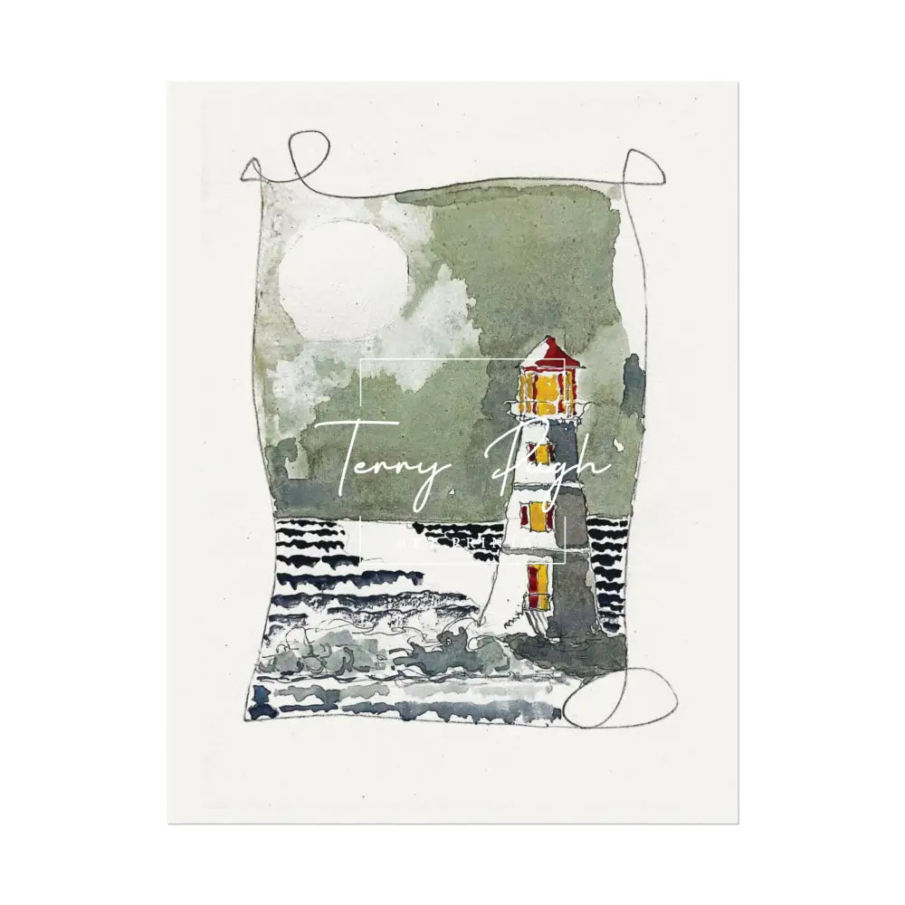 The Lighthouse at Night – Full Moon – Watercolor Matte Poster by Terry Pugh 10’’ x 13’’ (Vertical) Poster