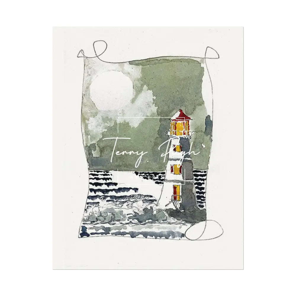 The Lighthouse at Night – Full Moon – Watercolor Matte Poster by Terry Pugh 11″ x 14″ (Vertical) Poster