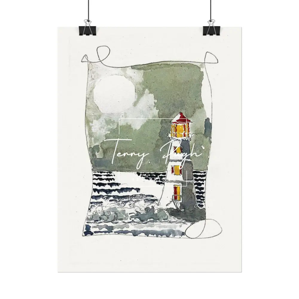 The Lighthouse at Night – Full Moon – Watercolor Matte Poster by Terry Pugh Poster