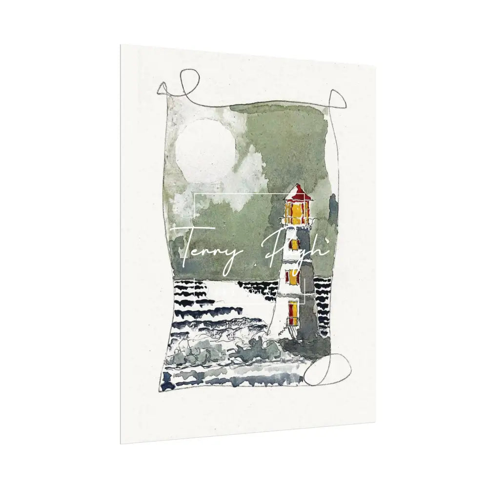 The Lighthouse at Night – Full Moon – Watercolor Matte Poster by Terry Pugh Poster