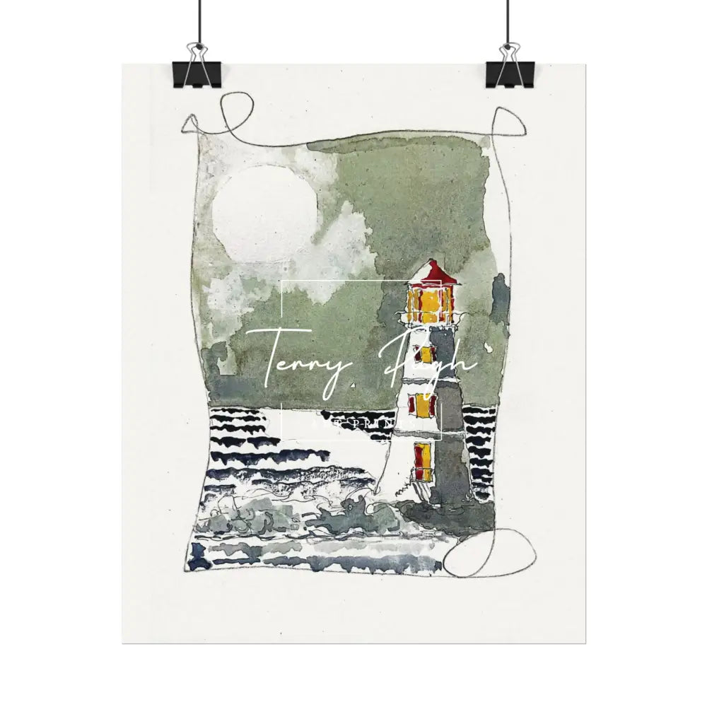 The Lighthouse at Night – Full Moon – Watercolor Matte Poster by Terry Pugh Poster