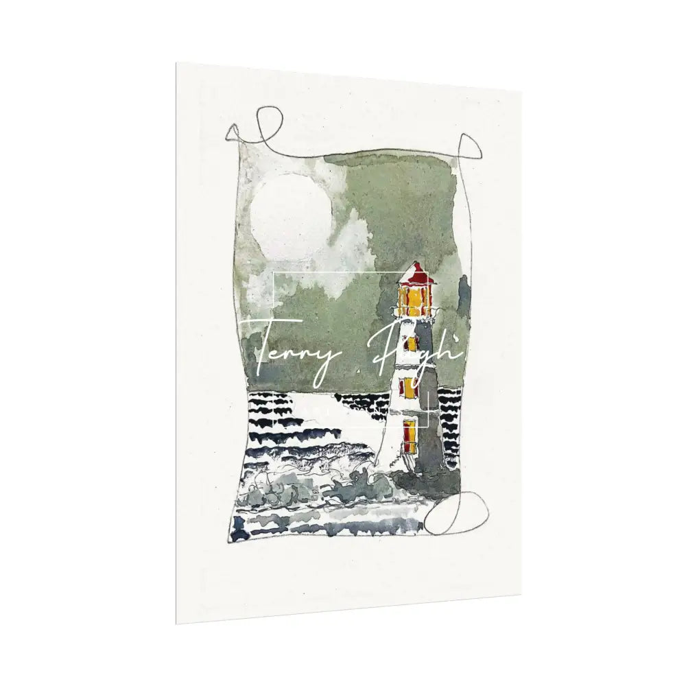 The Lighthouse at Night – Full Moon – Watercolor Matte Poster by Terry Pugh Poster