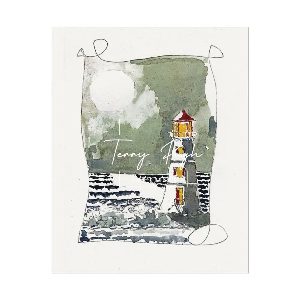 The Lighthouse at Night – Full Moon – Watercolor Matte Poster by Terry Pugh 8’’ x 10’’ (Vertical) Poster