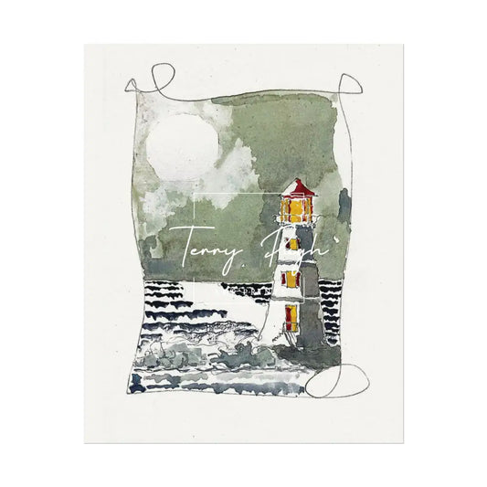 The Lighthouse at Night – Full Moon – Watercolor Matte Poster by Terry Pugh 8’’ x 10’’ (Vertical) Poster