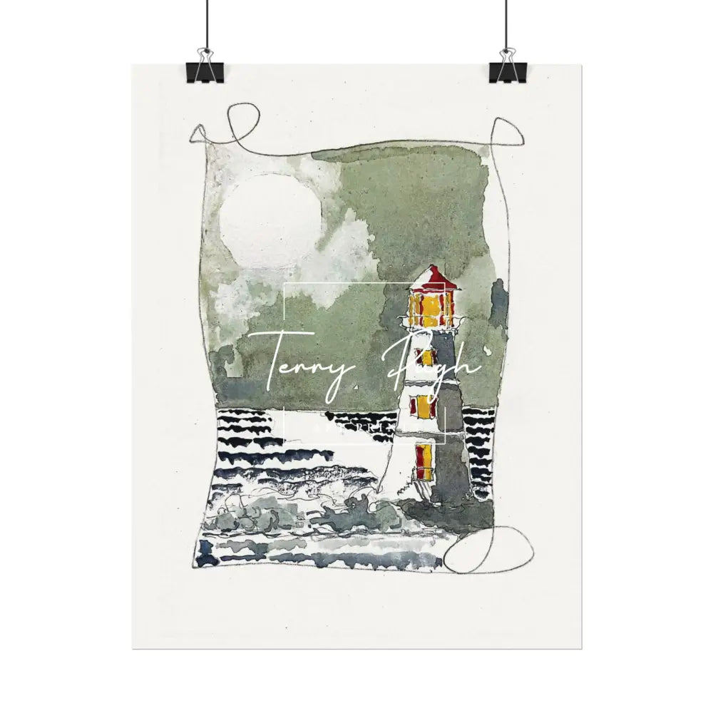 The Lighthouse at Night – Full Moon – Watercolor Matte Poster by Terry Pugh Poster