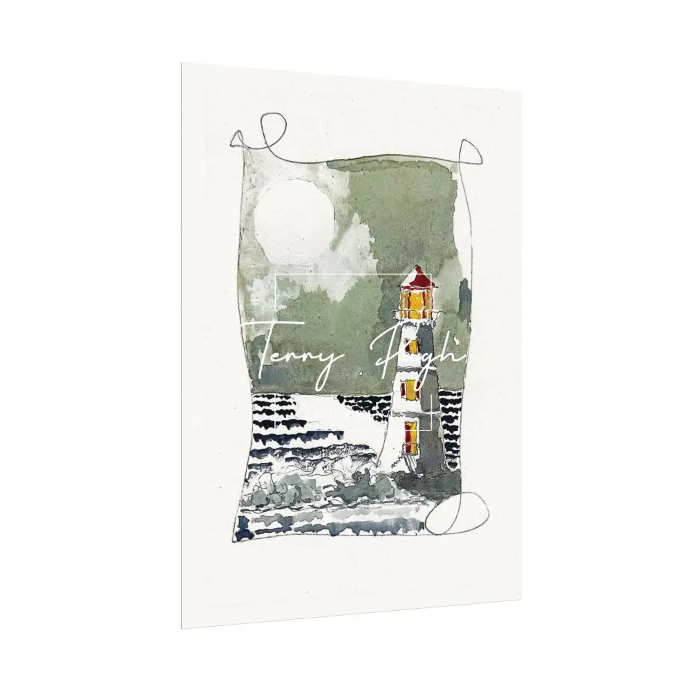 The Lighthouse at Night – Full Moon – Watercolor Matte Poster by Terry Pugh Poster