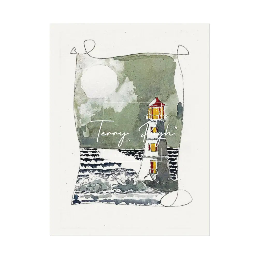 The Lighthouse at Night – Full Moon – Watercolor Matte Poster by Terry Pugh 9’’ x 12’’ (Vertical) Poster