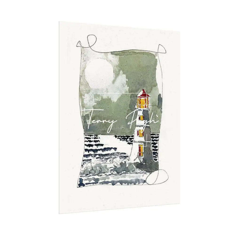 The Lighthouse at Night – Full Moon – Watercolor Matte Poster by Terry Pugh Poster